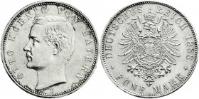 Reichssilbermünzen J. 19-178
Bayern
Otto, 1886-1913
5 Mark 1888 D. vorzüglich/Stempelglanz, kl. Randfehler