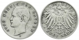 Reichssilbermünzen J. 19-178
Bayern
Otto, 1886-1913
2 Mark 1898 D. Seltenes Jahr.
sehr schön, kl. Randfehler