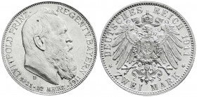 Reichssilbermünzen J. 19-178
Bayern
Luitpold 1911-1912
2 Mark 1911 D. Zum 90 jähr. Geb.
Polierte Platte, berieben