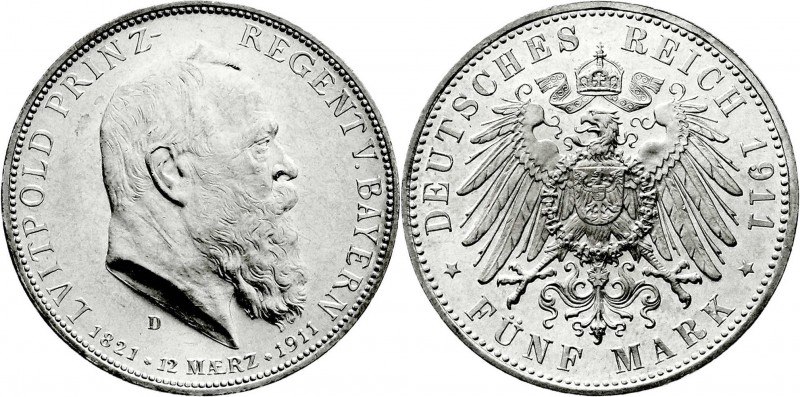 Reichssilbermünzen J. 19-178
Bayern
Luitpold 1911-1912
5 Mark 1911 D. Zum 90 ...