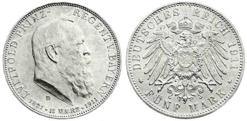 Reichssilbermünzen J. 19-178
Bayern
Luitpold 1911-1912
5 Mark 1911 D. Zum 90 ...