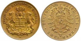 Reichssilbermünzen J. 19-178
Hamburg
2 Mark PROBE 1876 J in Kupfer. 9,78 g.
vorzüglich
