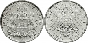 Reichssilbermünzen J. 19-178
Hamburg
3 Mark 1911 J. fast Stempelglanz