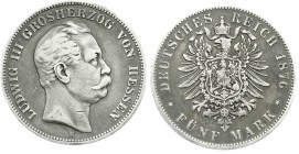 Reichssilbermünzen J. 19-178
Hessen
Ludwig III., 1848-1877
5 Mark 1876 H. Stempeldrehung ca. 350°.
schön/sehr schön
