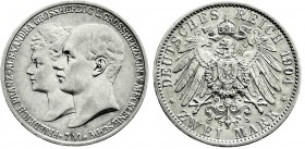 Reichssilbermünzen J. 19-178
Mecklenburg-Schwerin
Friedrich Franz IV., 1897-1918
2 Mark 1904 A. Zur Hochzeit.
vorzüglich