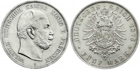 Reichssilbermünzen J. 19-178
Preußen
Wilhelm I., 1861-1888
5 Mark 1875 A. vorzüglich/Stempelglanz, selten in dieser Erhaltung