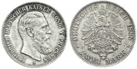 Reichssilbermünzen J. 19-178
Preußen
Friedrich III., 1888
2 Mark 1888 A. vorzüglich/Stempelglanz, schöne Patina