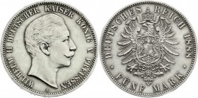 Reichssilbermünzen J. 19-178
Preußen
Wilhelm II., 1888-1918
5 Mark 1888 A. Kl. Adler.
gutes vorzüglich, kl. Kratzer und Randfehler