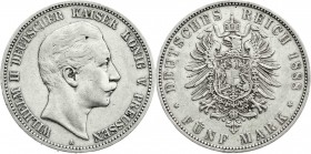 Reichssilbermünzen J. 19-178
Preußen
Wilhelm II., 1888-1918
5 Mark 1888 A. Kl. Adler.
gutes sehr schön