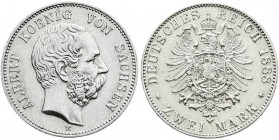 Reichssilbermünzen J. 19-178
Sachsen
Albert, 1873-1902
2 Mark 1888 E. vorzüglich/Stempelglanz, schöne Patina, selten in dieser Erhaltung