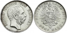 Reichssilbermünzen J. 19-178
Sachsen
Albert, 1873-1902
5 Mark 1876 E. vorzüglich/Stempelglanz, selten in dieser Erhaltung