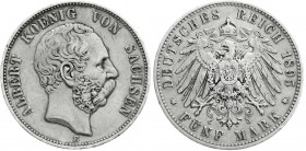 Reichssilbermünzen J. 19-178
Sachsen
Albert, 1873-1902
5 Mark 1895 E. Besseres Jahr.
sehr schön, kl. Randfehler und Kratzer