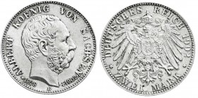 Reichssilbermünzen J. 19-178
Sachsen
Albert, 1873-1902
2 Mark 1902 E. Auf seinen Tod.
vorzüglich/Stempelglanz