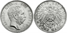 Reichssilbermünzen J. 19-178
Sachsen
Albert, 1873-1902
5 Mark 1902 E. Auf seinen Tod.
fast Stempelglanz, Prachtexemplar