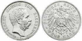 Reichssilbermünzen J. 19-178
Sachsen
Albert, 1873-1902
5 Mark 1902 E. Auf seinen Tod.
vorzüglich/Stempelglanz, kl. Randfehler