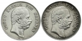 Reichssilbermünzen J. 19-178
Sachsen
Georg, 1902-1904
2 Stück: 2 Mark 1904 E und desgl. auf seinen Tod.
sehr schön und sehr schön/vorzüglich, Rand...