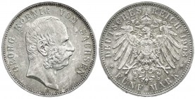 Reichssilbermünzen J. 19-178
Sachsen
Georg, 1902-1904
5 Mark 1903 E. fast Stempelglanz, winz. Kratzer, Prachtexemplar mit herrlicher Patina, selten...