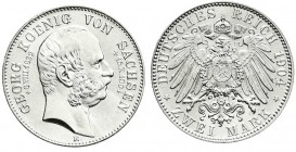 Reichssilbermünzen J. 19-178
Sachsen
Georg, 1902-1904
2 Mark 1904 E. Auf seinen Tod.
Stempelglanz, Prachtexemplar
