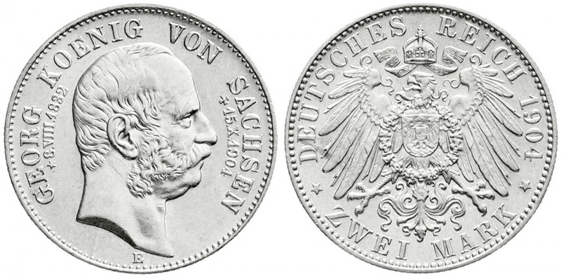 Reichssilbermünzen J. 19-178
Sachsen
Georg, 1902-1904
2 Mark 1904 E. Auf sein...