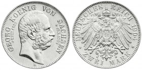 Reichssilbermünzen J. 19-178
Sachsen
Georg, 1902-1904
2 Mark 1904 E. Auf seinen Tod.
vorzüglich/Stempelglanz
