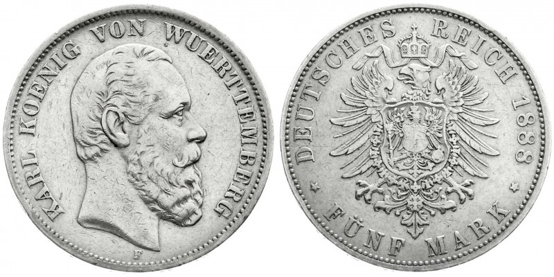 Reichssilbermünzen J. 19-178
Württemberg
5 Mark 1888 F. sehr schön, Randfehler...