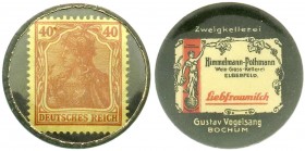 Notmünzen/Wertmarken
Bochum
Briefmarkenkapselgeld Gustav Vogelsang, Bochum, Zweigkellerei der Wein-Gross-Kellerei Himmelmann-Pothmann in Elberfeld. ...