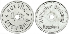 Notmünzen/Wertmarken
Konstanz (Baden)
40 X Biermarke: Ruppaner Brauererei Konstanz/GUT FÜR 1/2 LITER BIER o.J. Aluminium, 25 mm, mit Mittellochung. ...