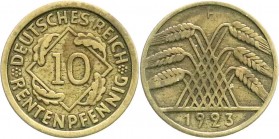 Weimarer Republik
Kursmünzen
10 Rentenpfennig, messingfarben 1923-1925
1923 F. sehr schön, selten
