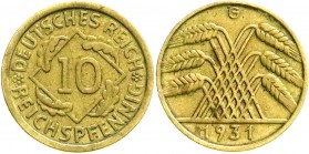 Weimarer Republik
Kursmünzen
10 Reichspfennig, messingfarben 1924-1936
1931 G. sehr schön, selten