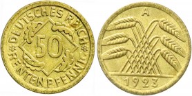 Weimarer Republik
Kursmünzen
50 Rentenpfennig, messingfarben 1923-1924
1923 A. vorzüglich/Stempelglanz