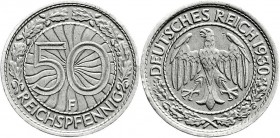 Weimarer Republik
Kursmünzen
50 Reichspfennig, Nickel 1927-1938
1930 F. sehr schön, kl. Randfehler