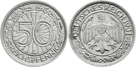 Weimarer Republik
Kursmünzen
50 Reichspfennig, Nickel 1927-1938
1931 G. sehr schön, selten