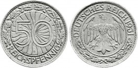 Weimarer Republik
Kursmünzen
50 Reichspfennig, Nickel 1927-1938
1931 J. sehr schön
