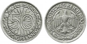Weimarer Republik
Kursmünzen
50 Reichspfennig, Nickel 1927-1938
1933 J. sehr schön, kl. Randfehler