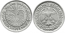 Weimarer Republik
Kursmünzen
50 Reichspfennig, Nickel 1927-1938
1933 J. vorzüglich