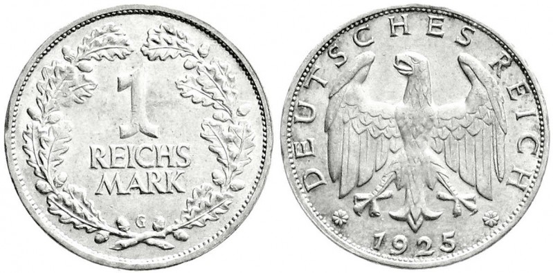 Weimarer Republik
Kursmünzen
1 Reichsmark, Silber 1925-1927
1925 G. fast Stem...