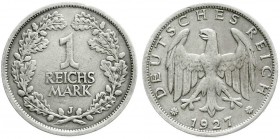 Weimarer Republik
Kursmünzen
1 Reichsmark, Silber 1925-1927
1927 J. sehr schön