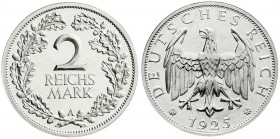 Weimarer Republik
Kursmünzen
2 Reichsmark, Silber 1925-1931
1925 A. Polierte Platte, nur leicht berührt und min. Stempelriss