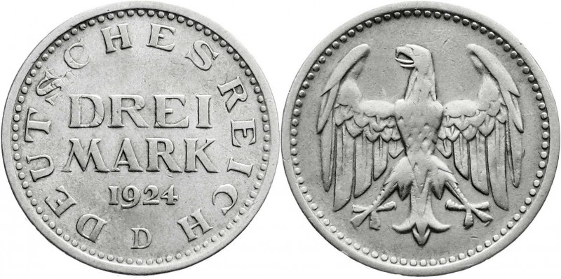 Weimarer Republik
Kursmünzen
3 Mark, Silber 1924-1925
1924 D. gutes vorzüglic...