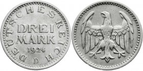 Weimarer Republik
Kursmünzen
3 Mark, Silber 1924-1925
1924 D. gutes vorzüglich, Rs. leichte Prägeschwäche