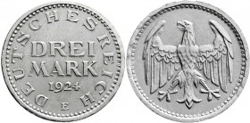Weimarer Republik
Kursmünzen
3 Mark, Silber 1924-1925
1924 E. vorzüglich, übl. prägebed. Randunebenheiten