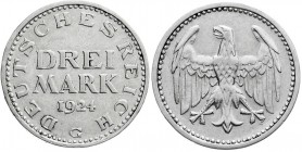 Weimarer Republik
Kursmünzen
3 Mark, Silber 1924-1925
1924 G. sehr schön/vorzüglich