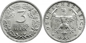 Weimarer Republik
Kursmünzen
3 Reichsmark, Silber 1931-1933
1931 A. fast Stempelglanz, Prachtexemplar