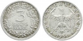 Weimarer Republik
Kursmünzen
3 Reichsmark, Silber 1931-1933
1931 A. vorzüglich, kl. Kratzer