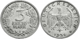 Weimarer Republik
Kursmünzen
3 Reichsmark, Silber 1931-1933
1931 E. vorzüglich