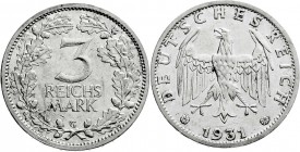 Weimarer Republik
Kursmünzen
3 Reichsmark, Silber 1931-1933
1931 G. vorzüglich/Stempelglanz, winz. Kratzer
