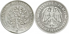 Weimarer Republik
Kursmünzen
5 Reichsmark Eichbaum Silber 1927-1933
1931 G. sehr schön, leichte Feilspur am Rand