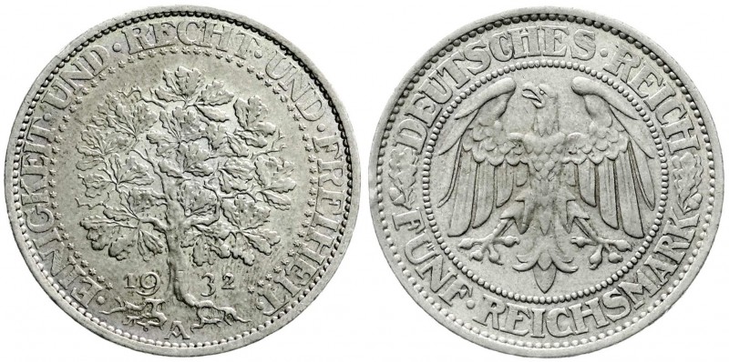 Weimarer Republik
Kursmünzen
5 Reichsmark Eichbaum Silber 1927-1933
1932 A. v...