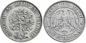 Weimarer Republik
Kursmünzen
5 Reichsmark Eichbaum Silber 1927-1933
1932 J. gutes sehr schön, gereinigt