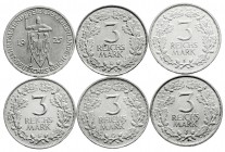 Weimarer Republik
Gedenkmünzen
3 Reichsmark Rheinlande
6 Stück: 1925 A,D,E,F,G,J. Komplette Serie
meist sehr schön/vorzüglich